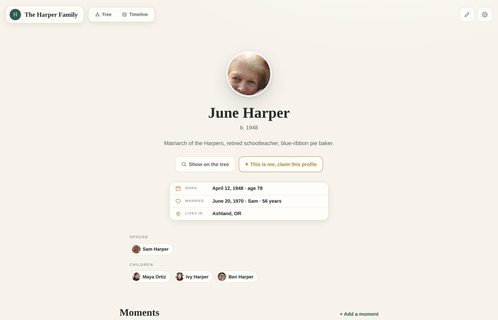 A living profile on Twigs showing June Harper's photo, details, and family connections